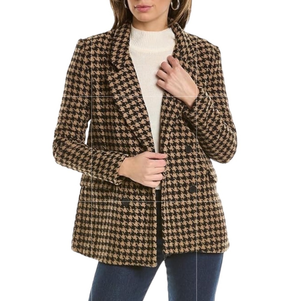 Blank NYC Book Club Houndstooth Double-Breasted Oversized Blazer Tan Black SZ S